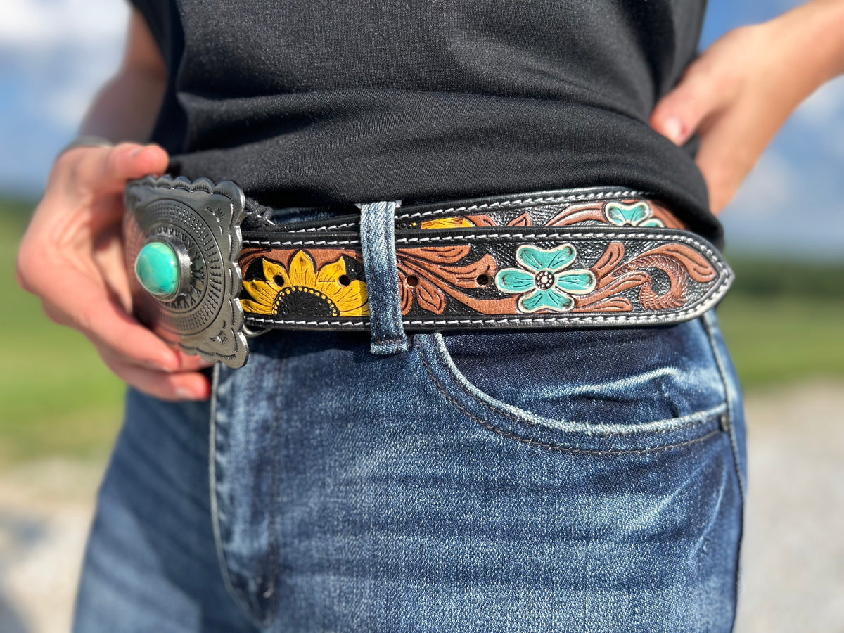 Manqueto Hand Tooled belt- Quigley Sunny