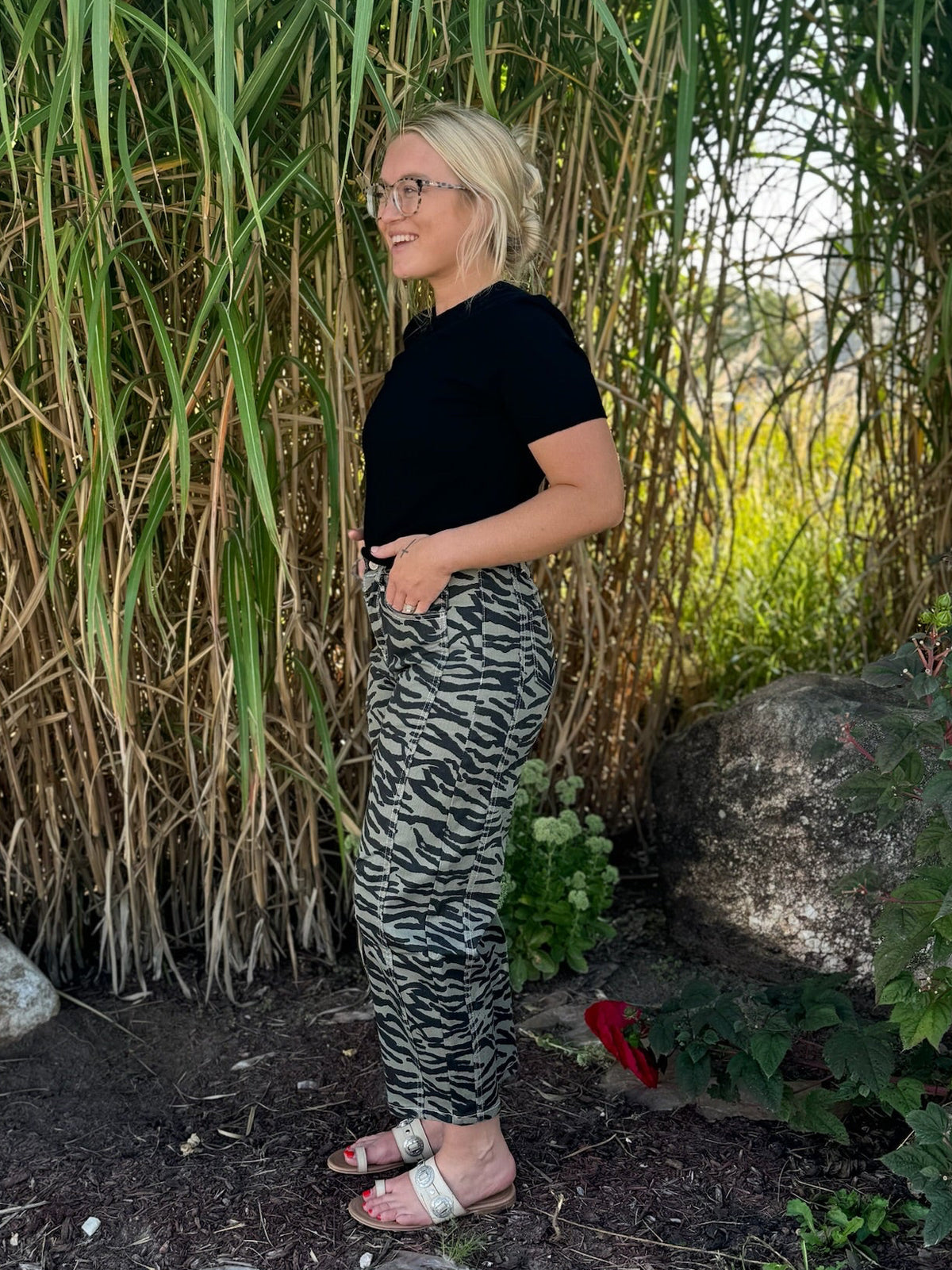 Zebra Stripe Denim Barrel jeans