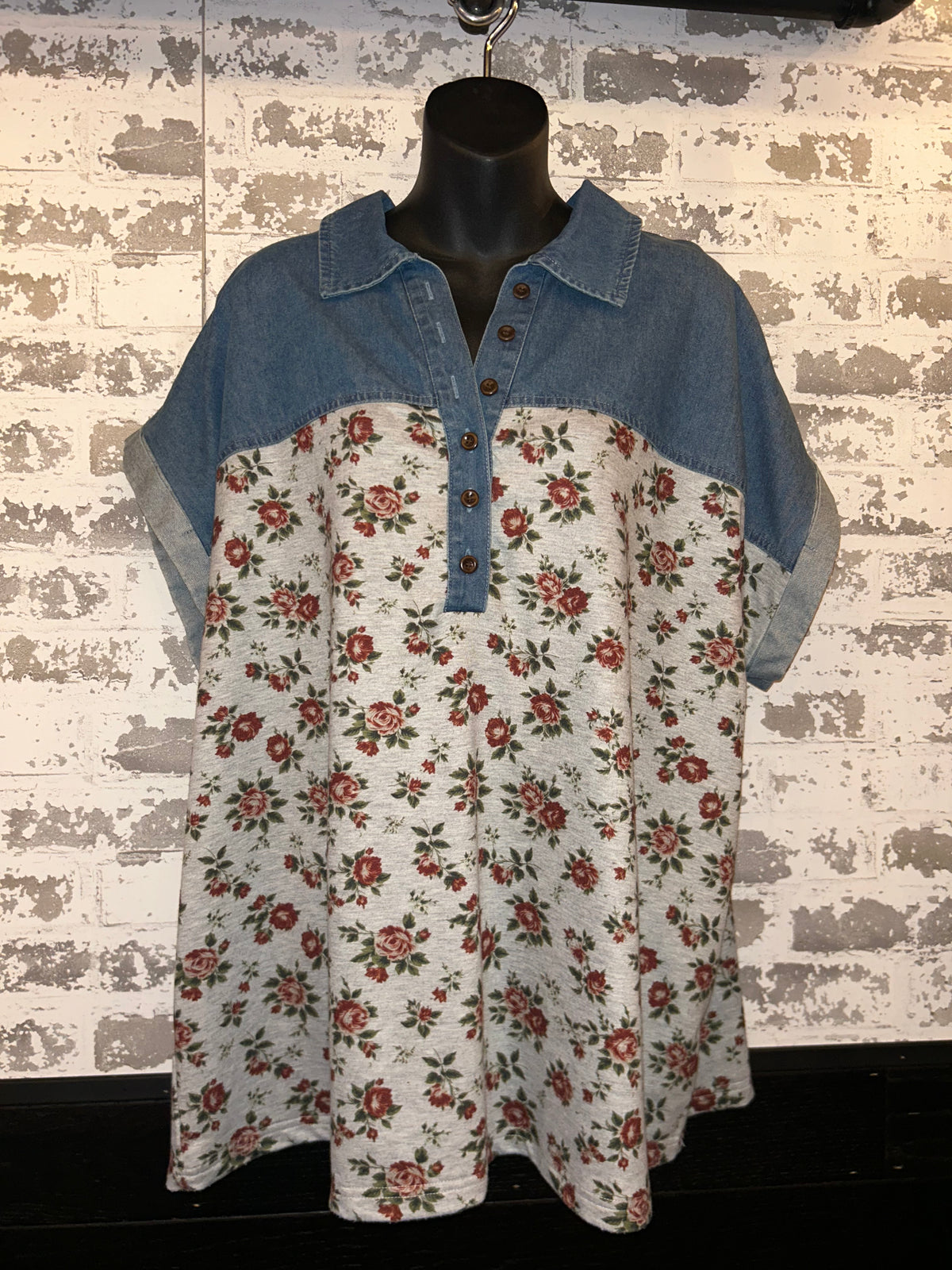 RETRO FLORAL DENIM TOP (+size)