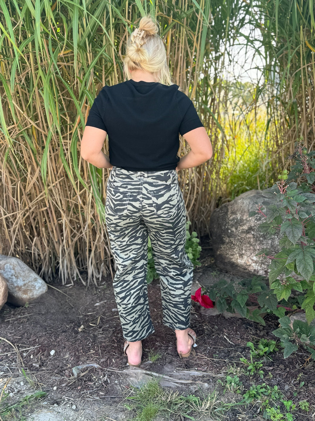 Zebra Stripe Denim Barrel jeans