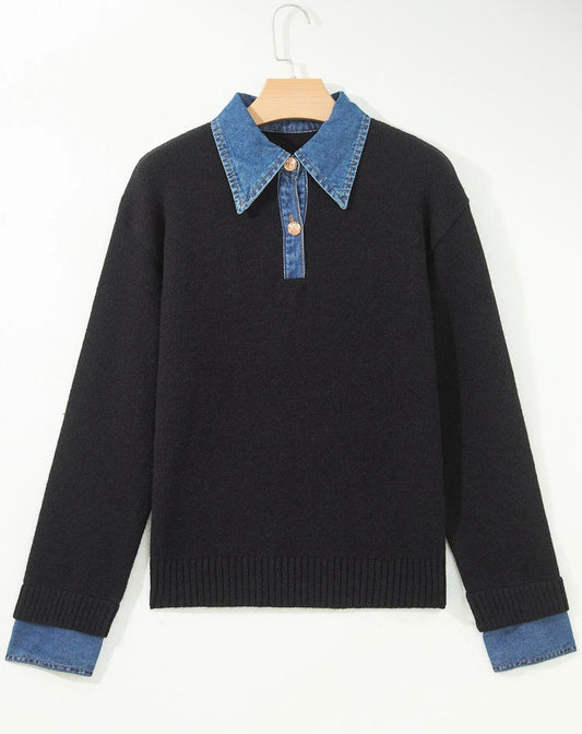 Denim Patchwork Long Sleeve Sweater